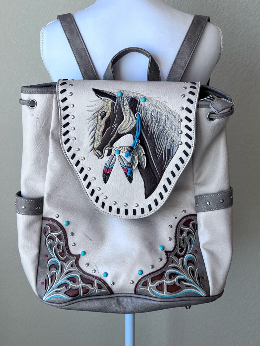 Horse Embroidered Backpack Vegan Leather 6-7 pockets